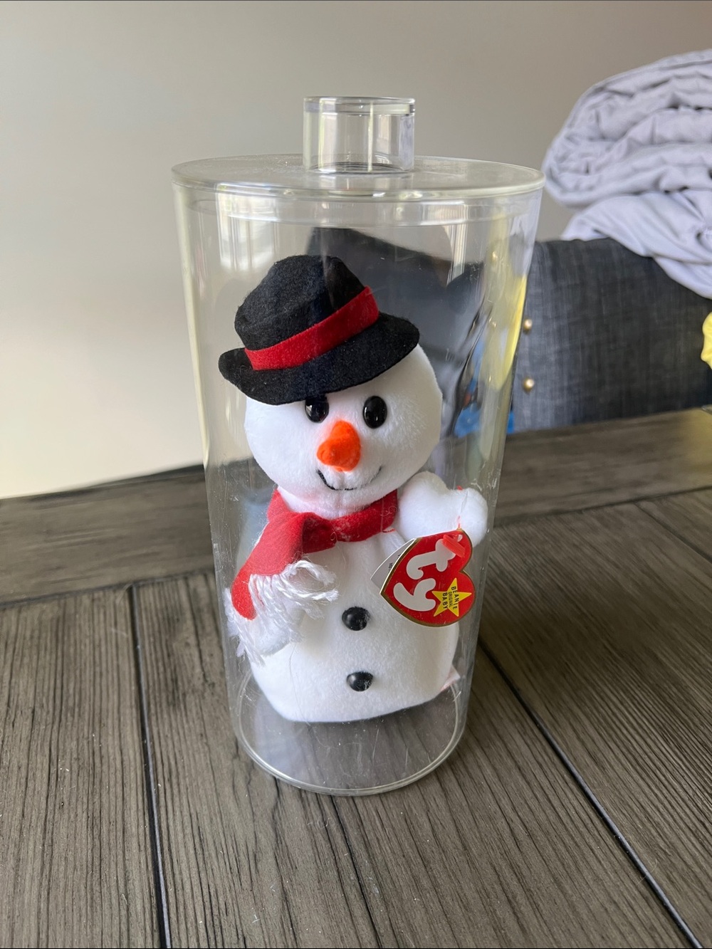 Snowball Ty Plush Snowman in White with Black Hat and Red Scarf